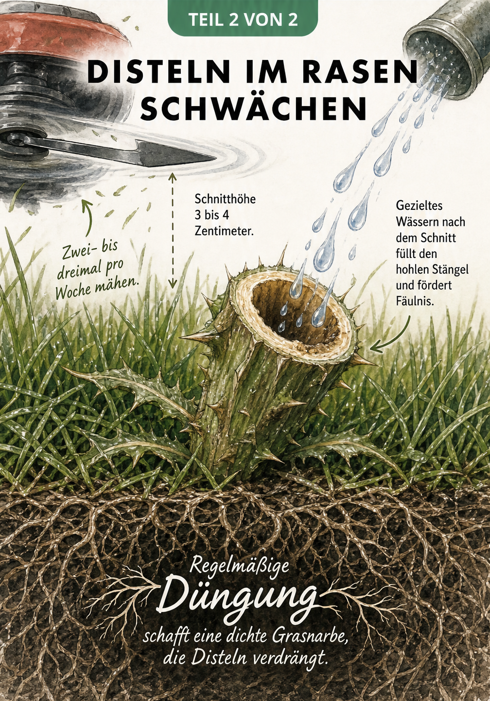 Illustration eines abgeschnittenen Distelstängels im Rasen, in den Wasser aus einer Gießkanne tropft, um Fäulnis zu fördern.