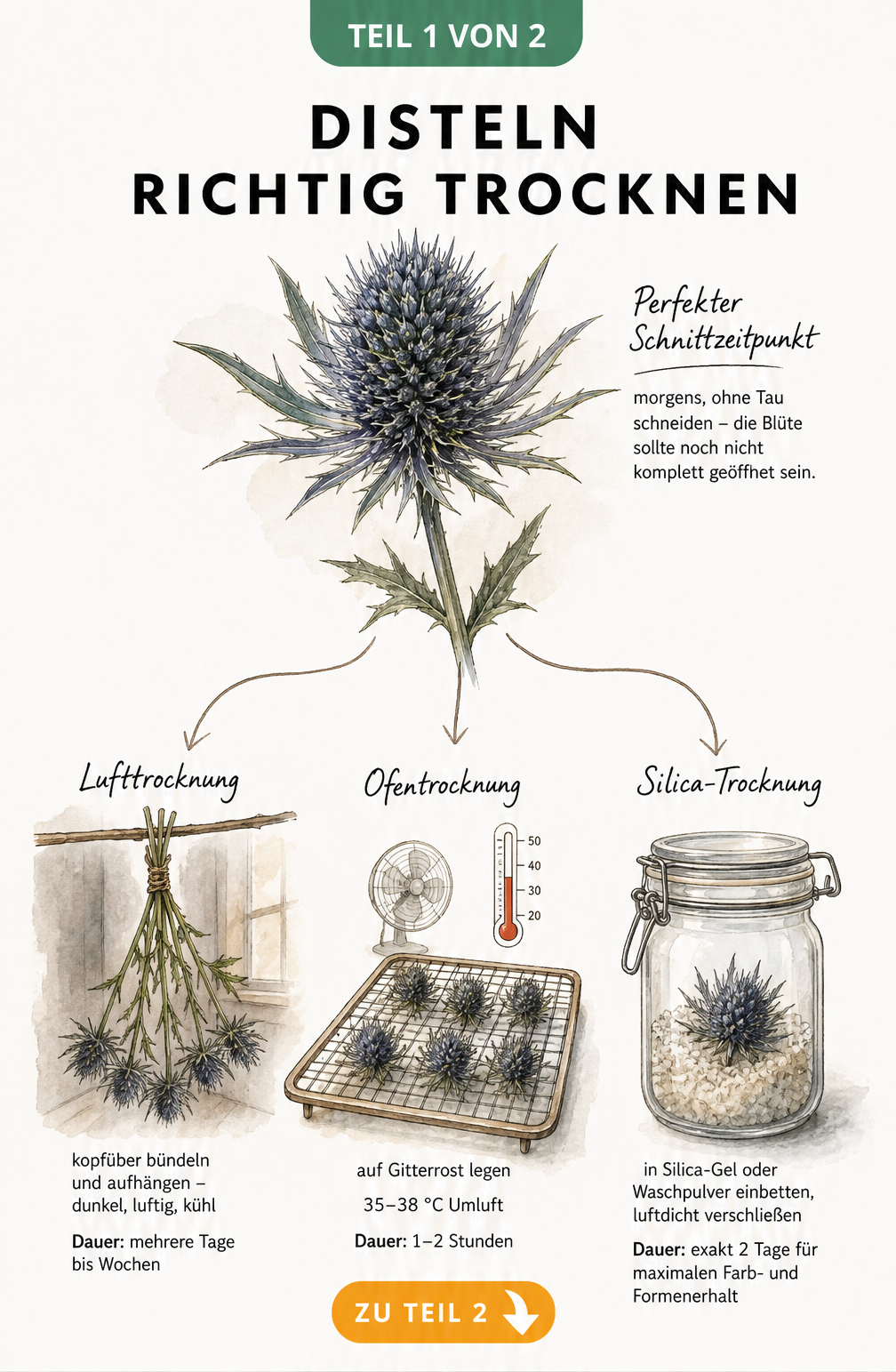 Botanische Illustration einer blauen Edeldistel mit drei Trocknungsmethoden: Lufttrocknung, Ofentrocknung und Einbetten in Silica-Gel.
