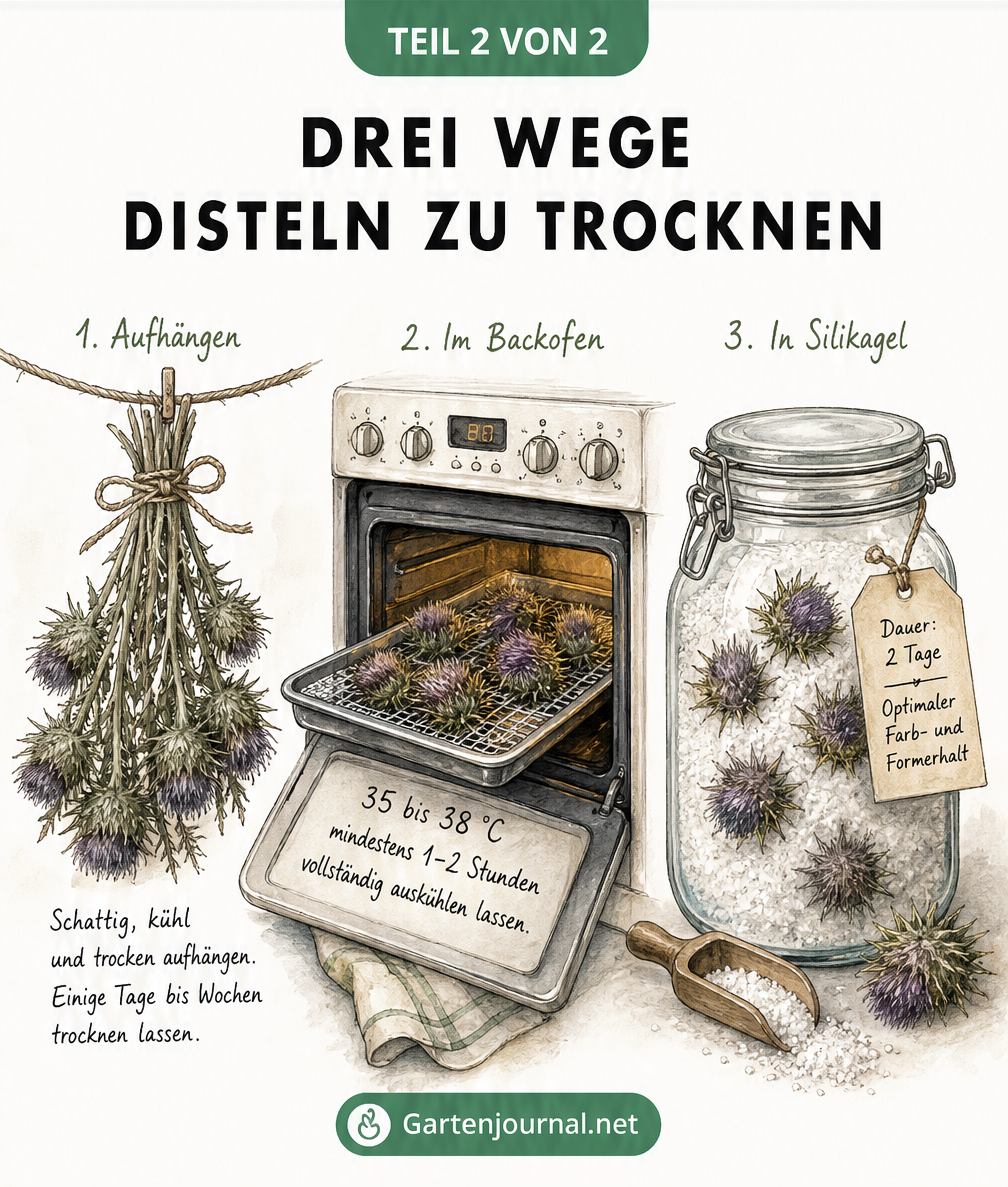 Illustration von drei Methoden zum Trocknen von Disteln: Lufttrocknung, Backofen und Silikagel