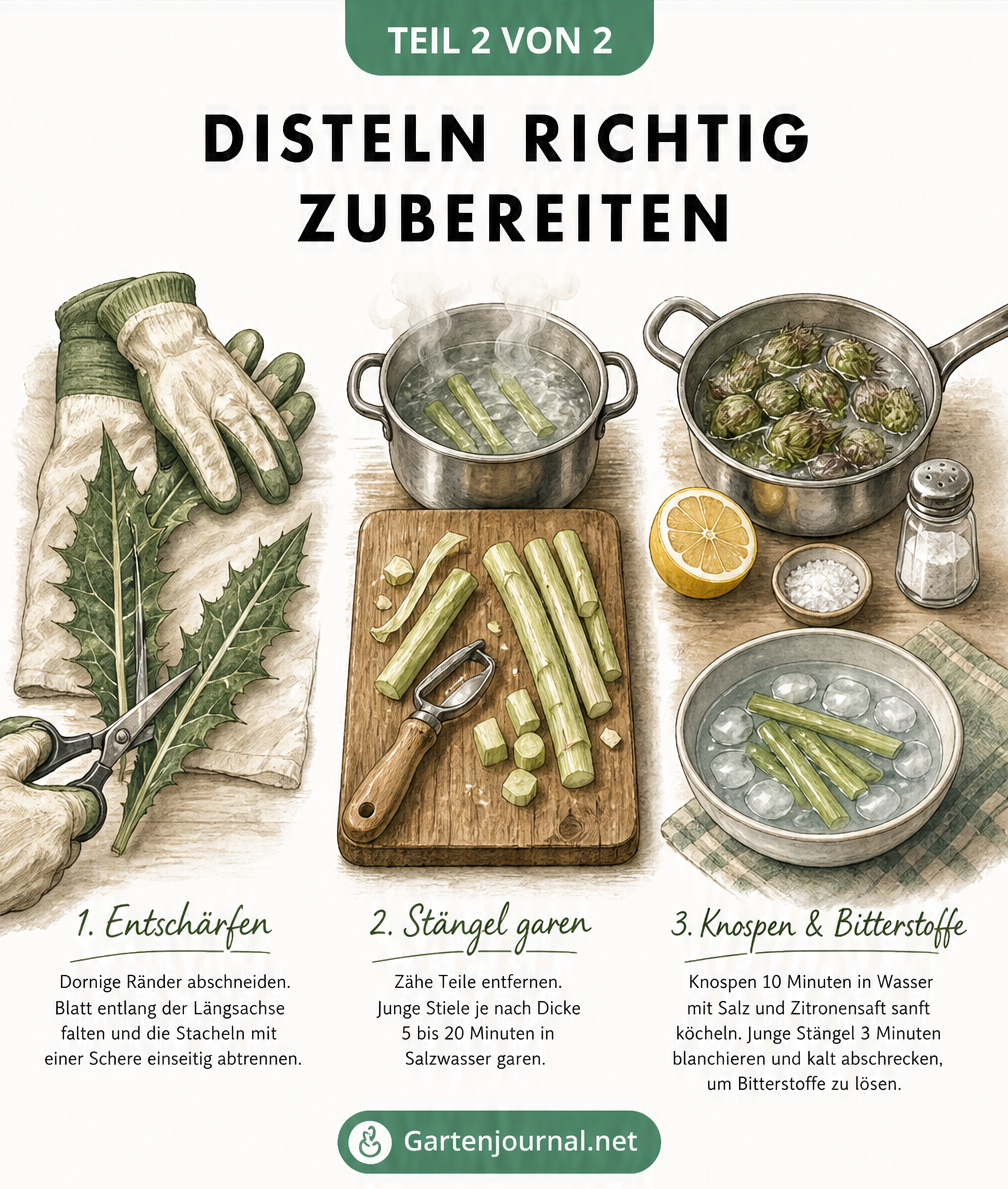 Illustration der Zubereitungsschritte für Disteln: Stacheln entfernen, Stängel garen und Knospen blanchieren.