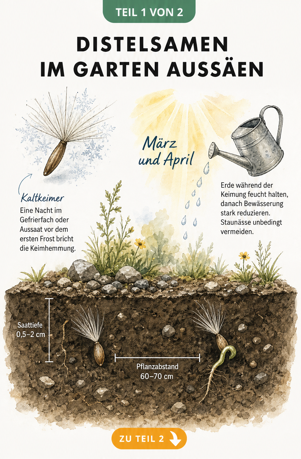 Illustration eines Gartenbeets mit Distelsamen, die im Frühling ausgesät werden, inklusive Saattiefe und Pflanzabstand.