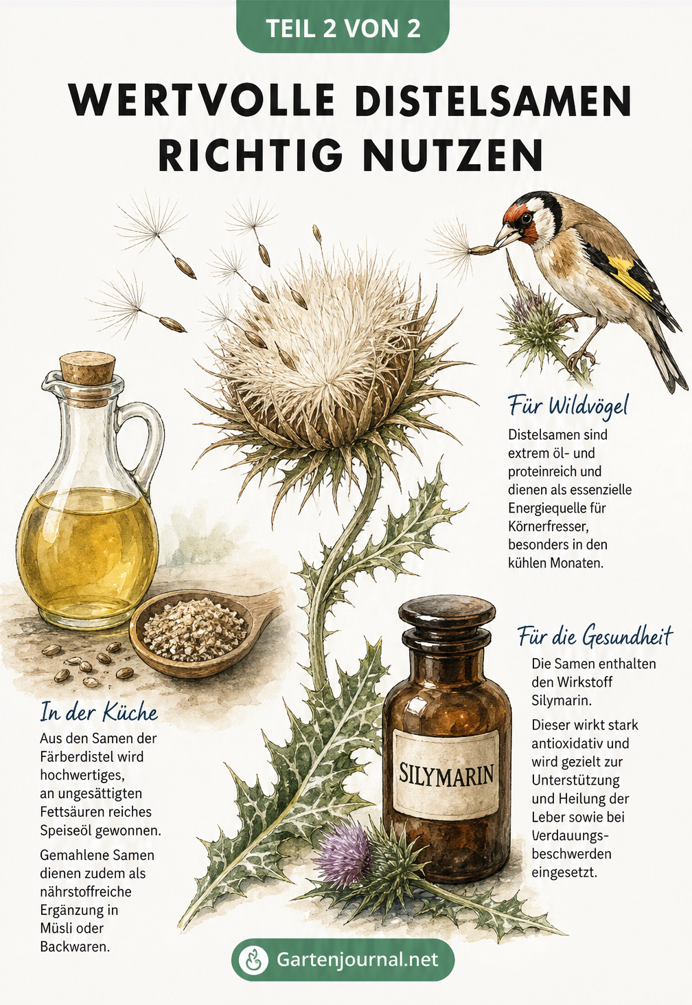 Illustration eines reifen Distelkopfes mit Samen, einem Stieglitz, einer Apothekerflasche mit Mariendistel und einer Karaffe mit Distelöl.