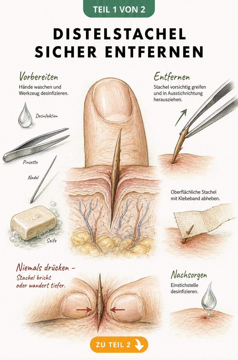 Querschnitt eines Fingers mit Distelstachel, Pinzette und Nadel zur Entfernung