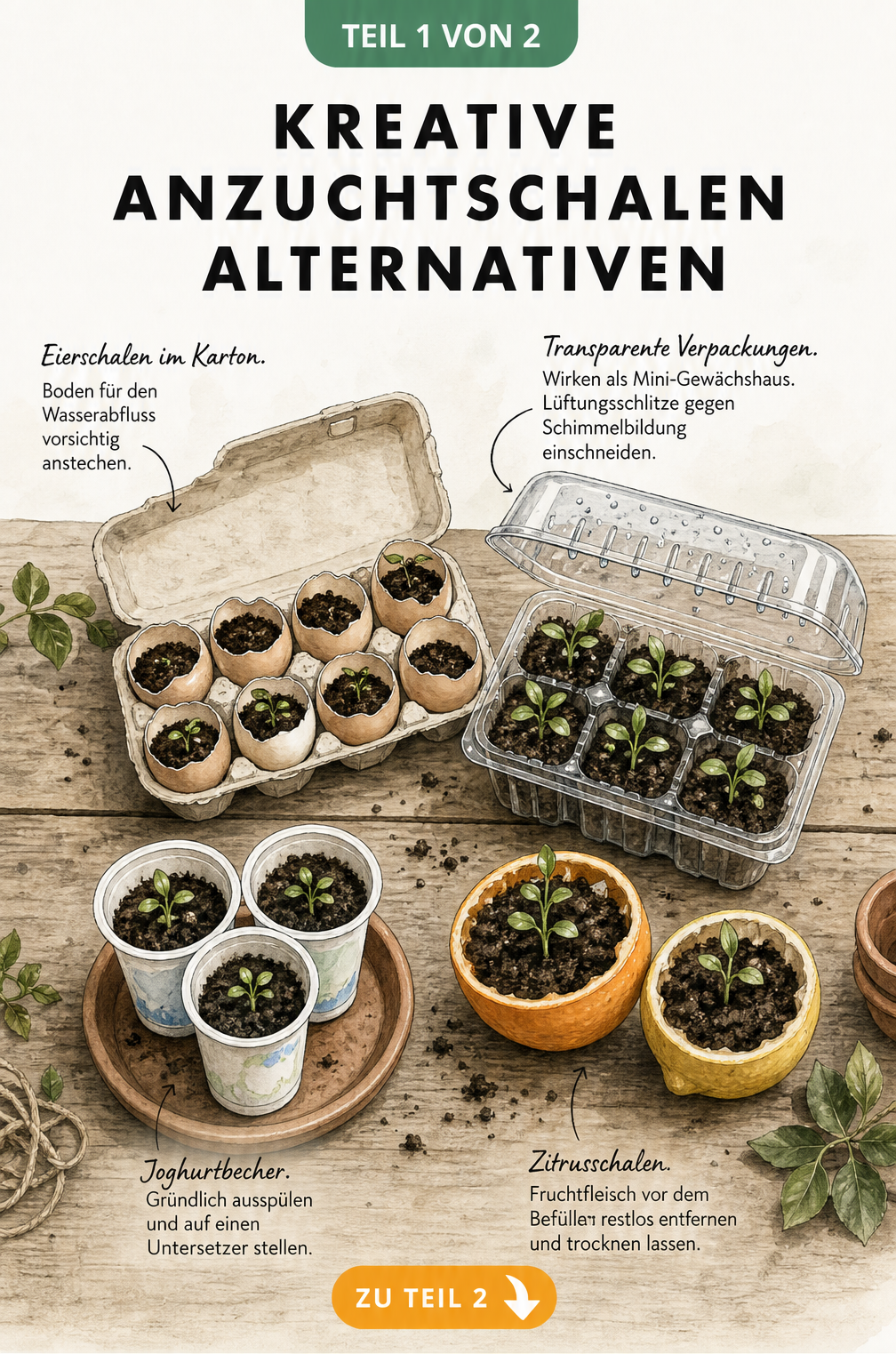 Illustration verschiedener DIY-Anzuchtgefäße wie Eierkartons, Plastikverpackungen, Joghurtbecher und Zitrusschalen auf einem Pflanztisch