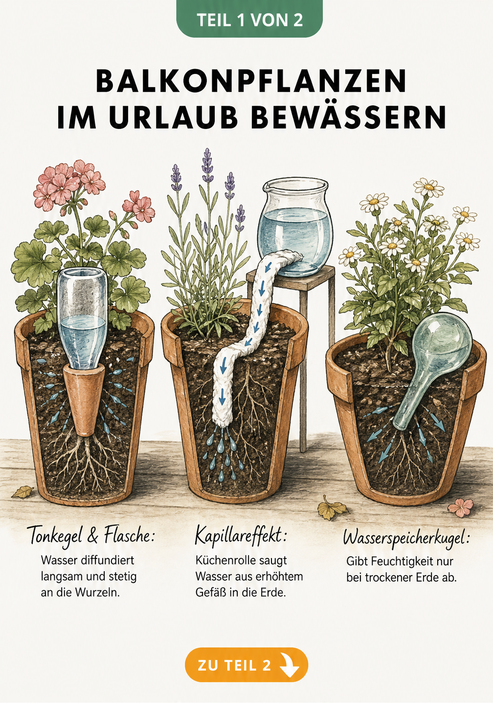 Illustration von drei Pflanztöpfen mit DIY-Bewässerungsmethoden: Tonkegel mit Flasche, Kapillareffekt mit Küchenrolle und Wasserspeicherkugel