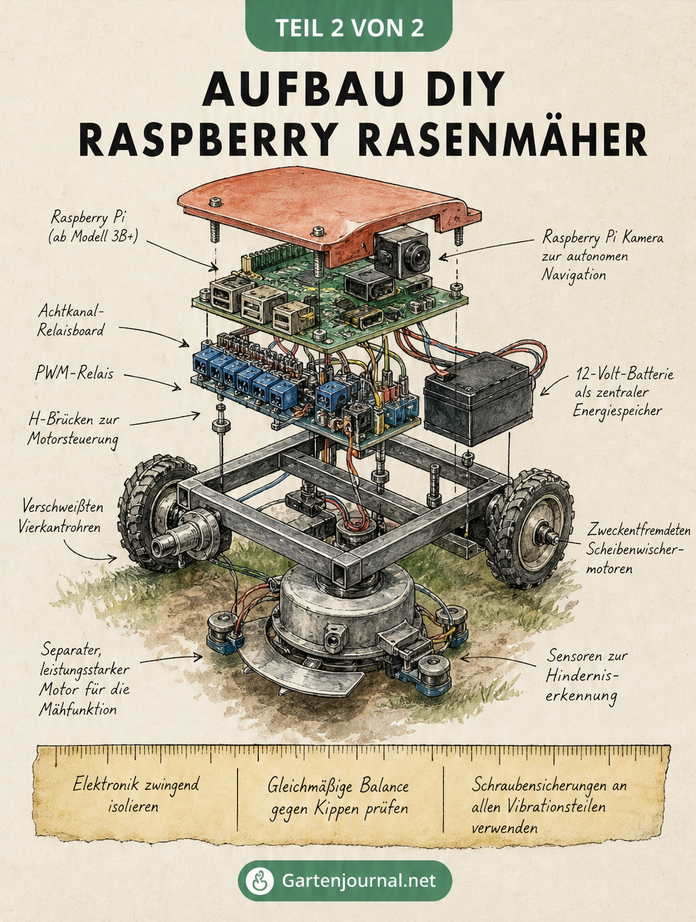 Isometrische Explosionszeichnung eines Mähroboters mit Raspberry Pi Steuerung