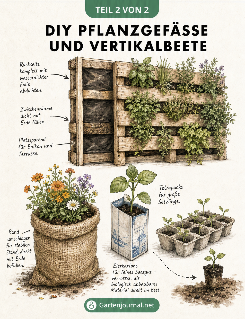 Illustration von DIY-Pflanzgefäßen aus Holzpaletten, Jutesäcken und Tetrapacks