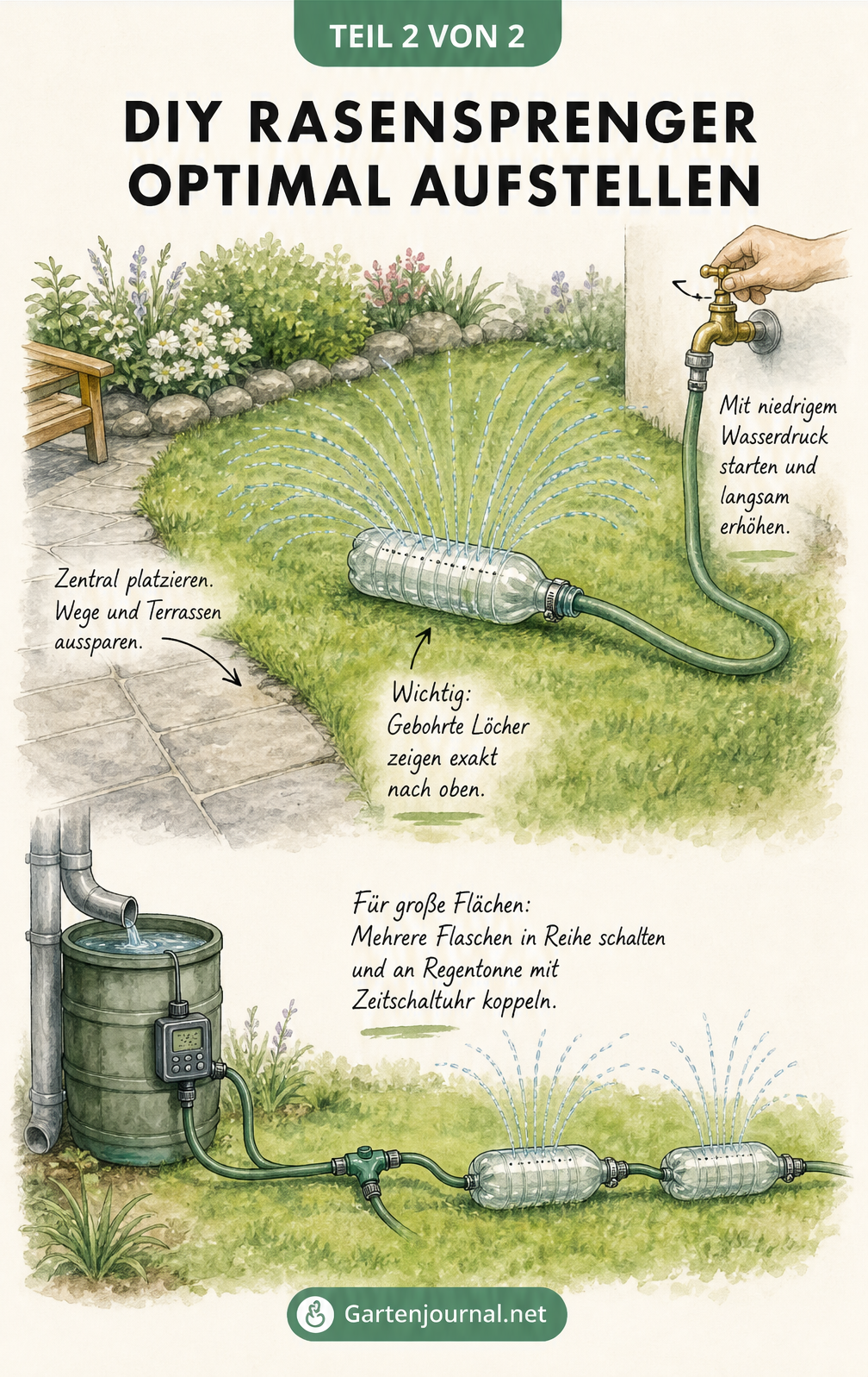 Aquarell-Zeichnung eines Gartens mit einem PET-Flaschen-Rasensprenger, der den Rasen bewässert, während die Terrasse trocken bleibt