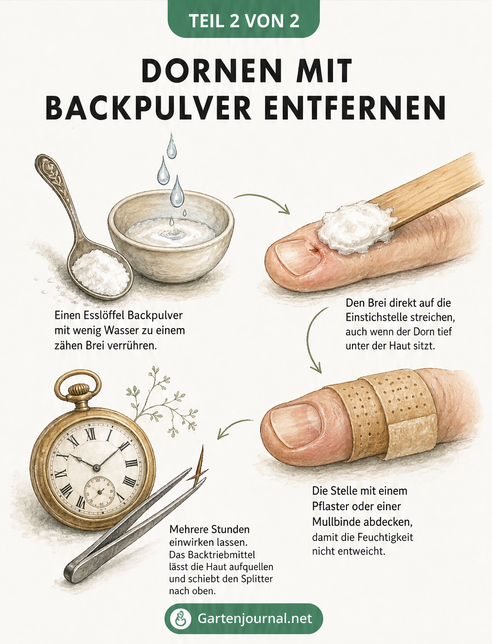 Schritt-für-Schritt-Anleitung zur Entfernung von Dornen mit einer Backpulver-Paste.