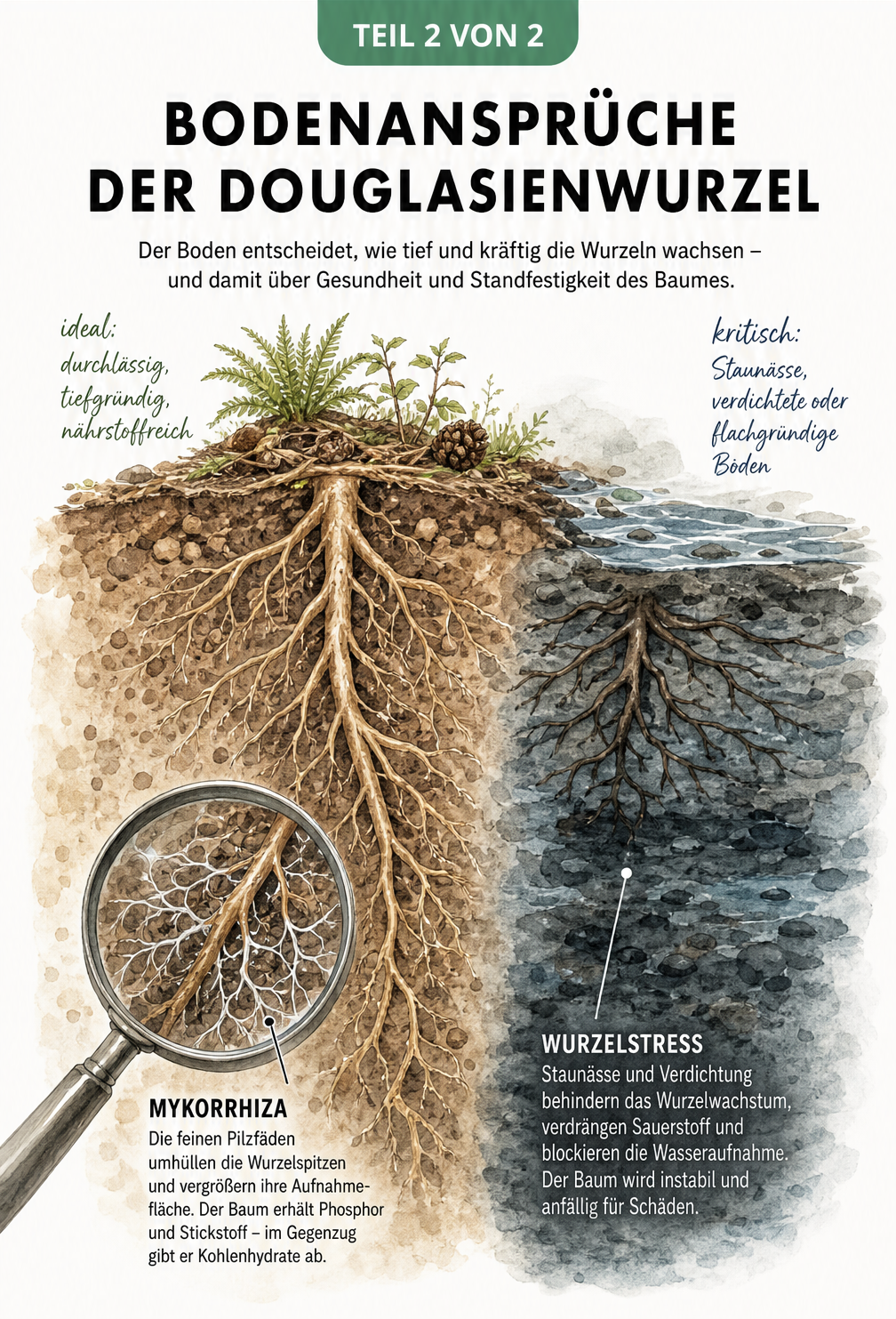Illustration der Bodenansprüche von Douglasienwurzeln mit Mykorrhiza-Symbiose und Warnung vor Staunässe