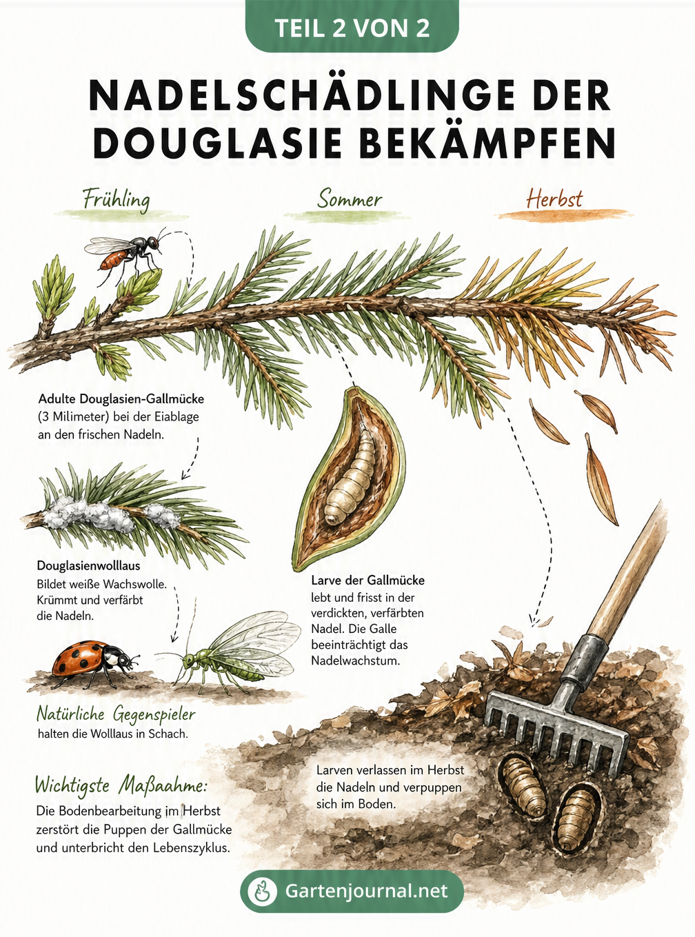 Illustration eines Douglasienzweigs im Jahresverlauf, der den Befall durch Douglasien-Gallmücke und Douglasienwolllaus sowie die Bekämpfung durch...