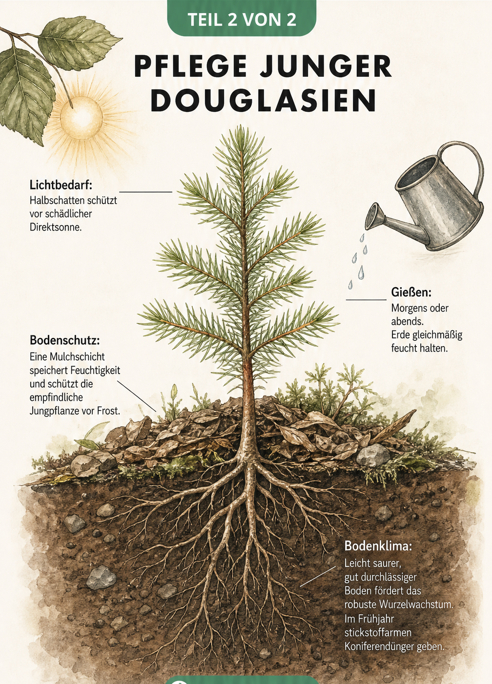 Querschnitt-Illustration eines Douglasien-Setzlings mit Hinweisen zu Lichtbedarf, Gießen, Bodenschutz und Bodenklima.