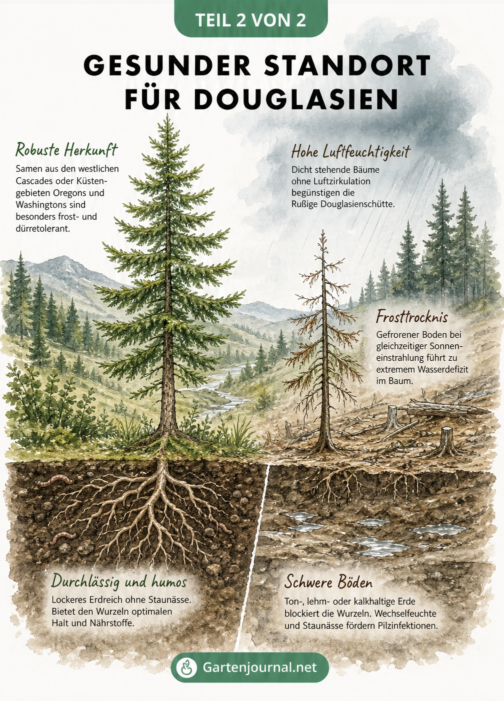Landschaftsquerschnitt, der eine gesunde Douglasie auf durchlässigem Boden und eine gestresste Douglasie auf schwerem Boden mit Staunässe zeigt
