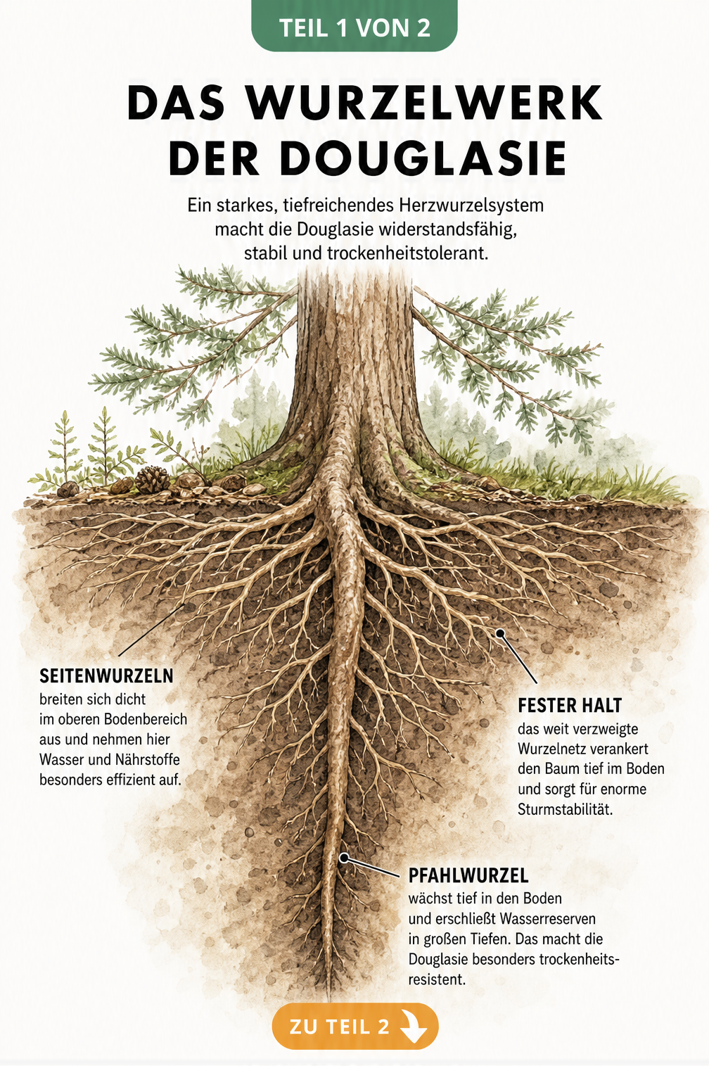 Botanische Querschnitt-Illustration des Herzwurzelsystems einer Douglasie mit Pfahlwurzel und Seitenwurzeln