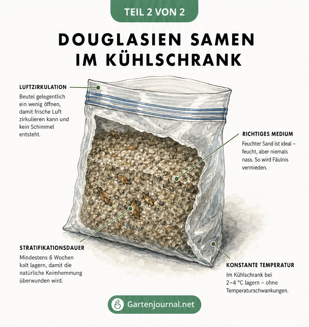 Schnittdarstellung eines Stratifizierungsbeutels mit Douglasiensamen in feuchtem Sand, inklusive Hinweisen zu Temperatur, Feuchtigkeit und Lüftung.