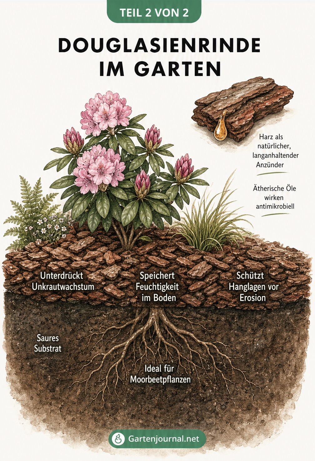 Querschnitt eines Gartenbeets mit Rhododendron und Douglasienrinde als Mulchschicht
