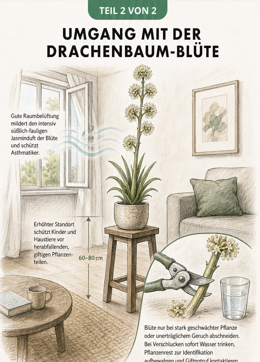 Skizze eines Wohnzimmers mit einem Drachenbaum auf einem Pflanzenständer und Tipps zum sicheren Umgang mit der Blüte