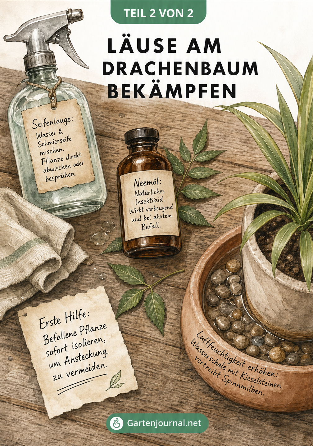 Illustration eines Pflanztisches mit Seifenlauge, Neemöl und einer Wasserschale zur Bekämpfung von Läusen