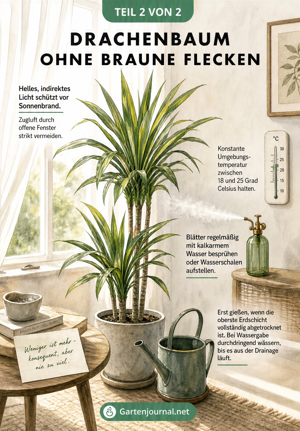Illustration eines gesunden Drachenbaums im Wohnzimmer mit Hinweisen zur idealen Pflege