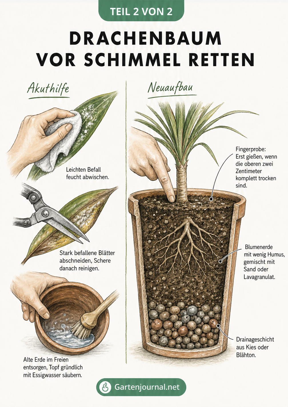 Skizze zur Rettung eines Drachenbaums mit Anleitungen zum Blätter abwischen, Umtopfen und zur richtigen Drainage