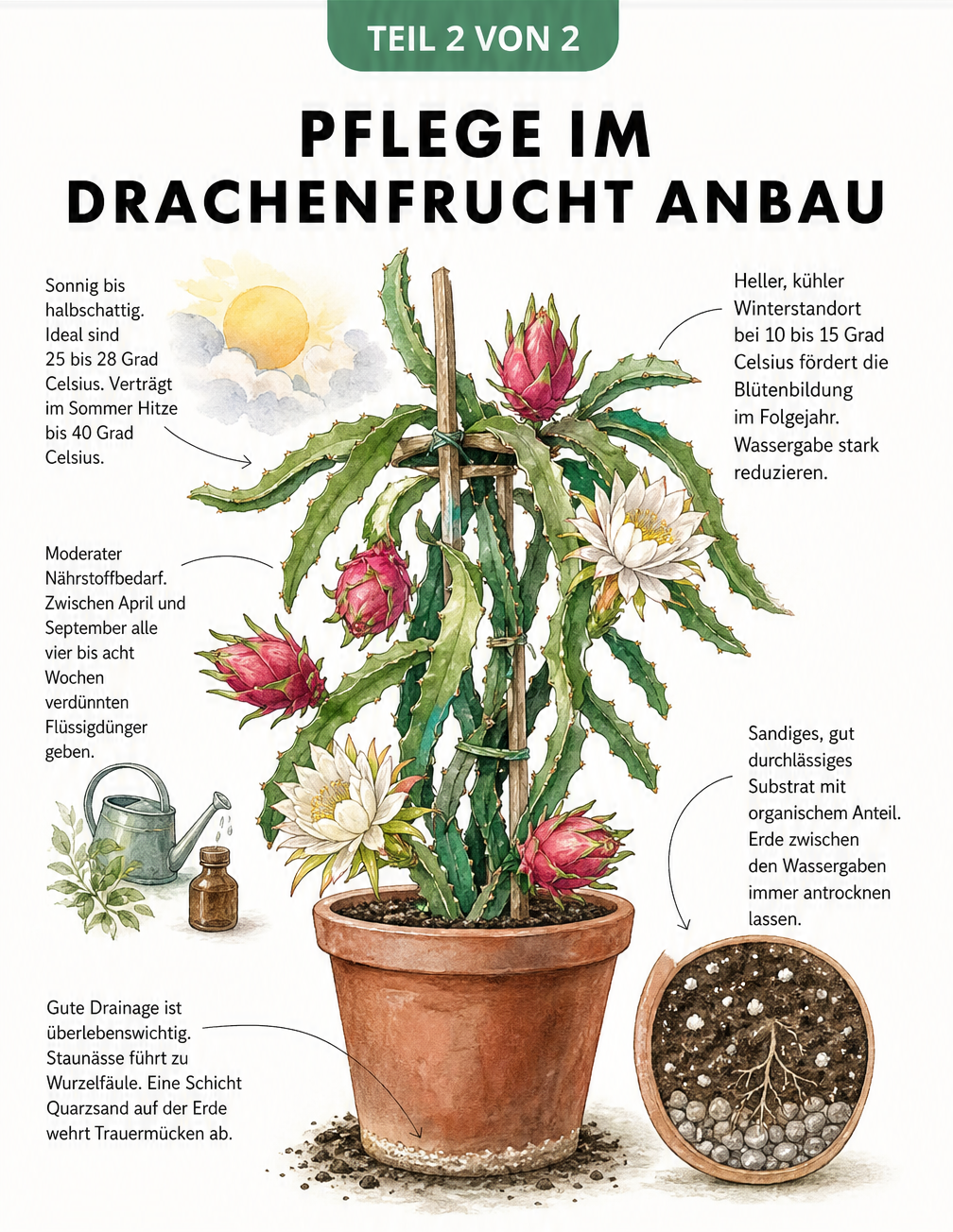 Illustration zur Pflege der Drachenfruchtpflanze im Topf