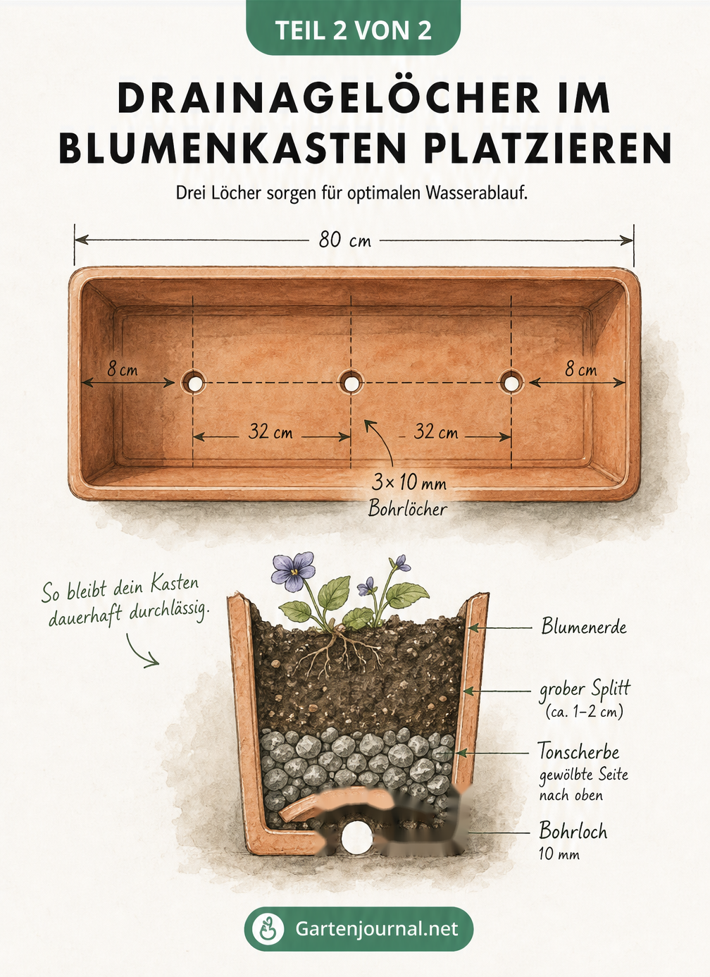 Aufsicht auf einen 80 cm Balkonkasten mit drei 10-mm-Bohrlöchern und seitliche Schnittzeichnung der Drainage-Schichten.