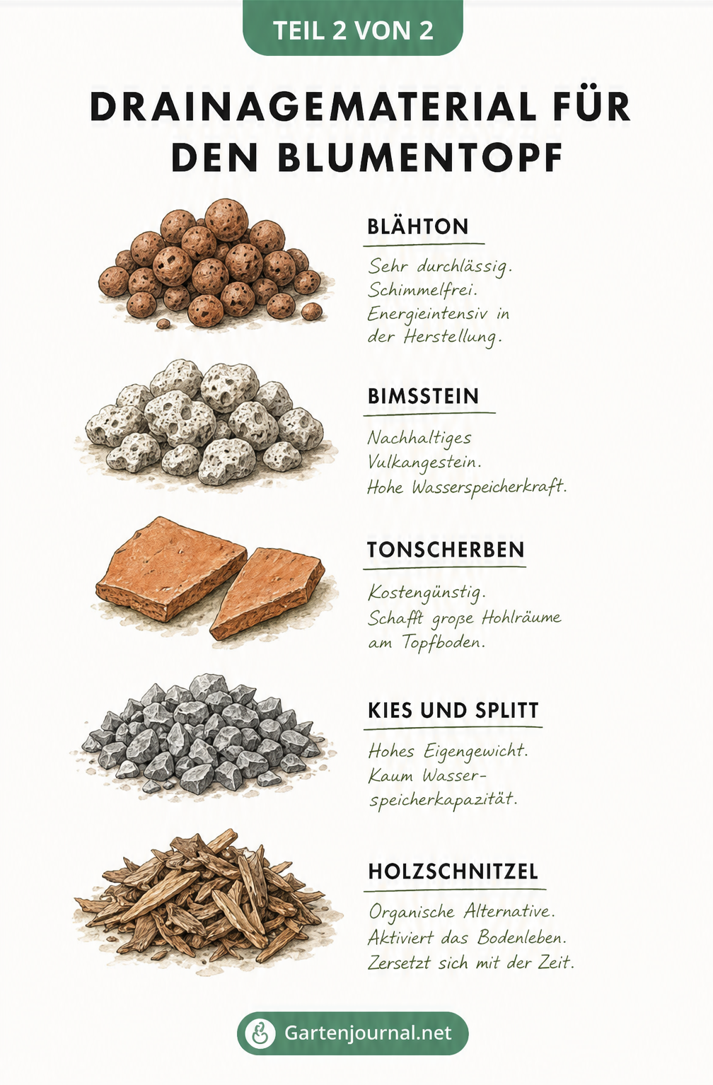 Fünf verschiedene Drainagematerialien für Blumentöpfe: Blähton, Bimsstein, Tonscherben, Kies und Holzschnitzel mit ihren Eigenschaften.