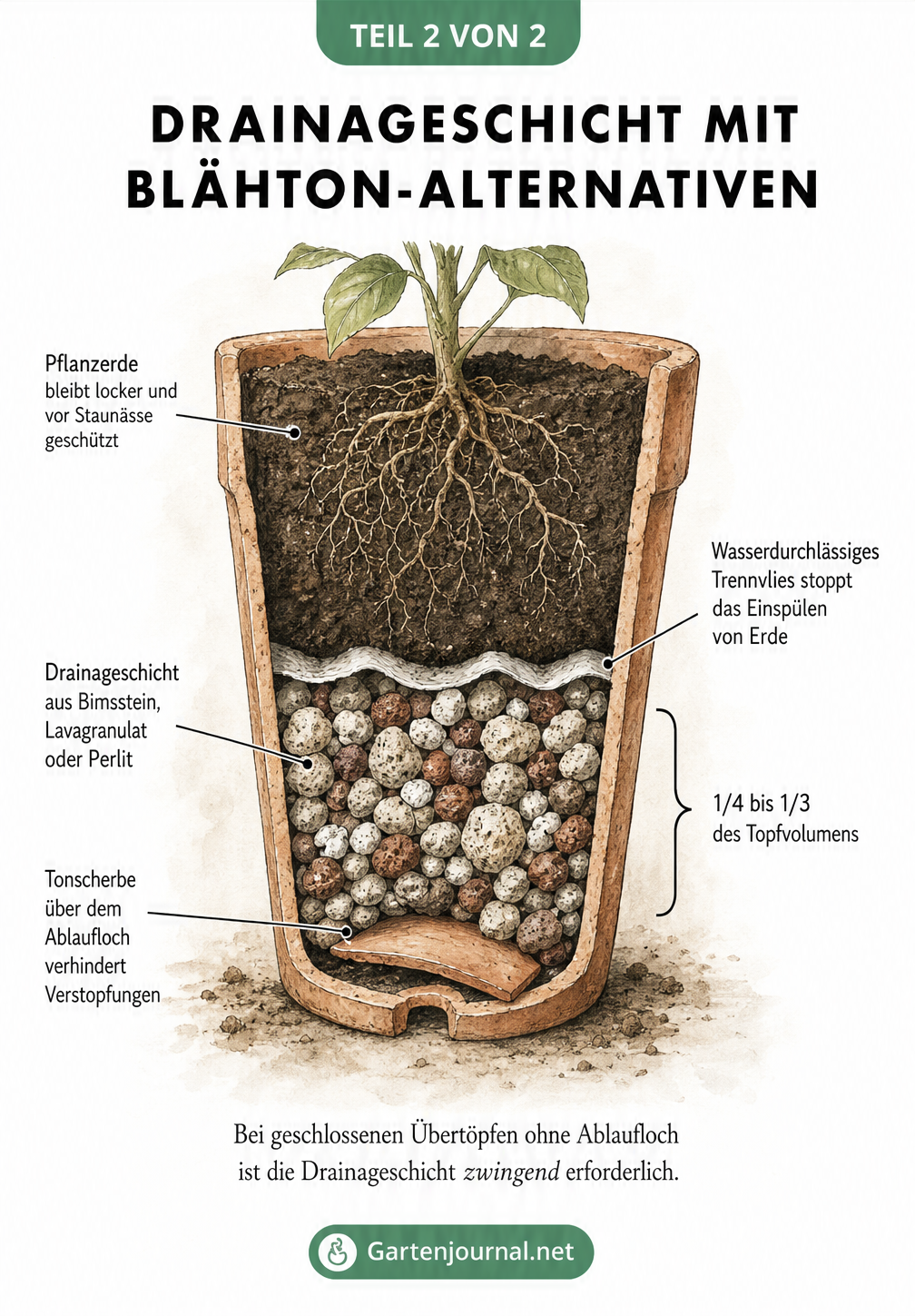 Querschnitt eines Pflanzkübels mit Drainageschicht aus Bimsstein, Trennvlies und Pflanzerde