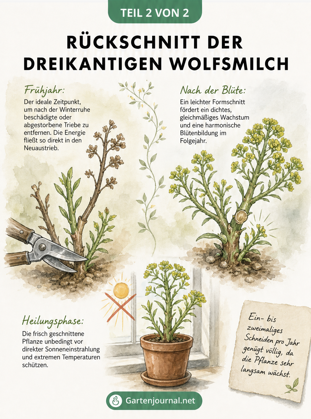 Illustration zum Rückschnitt der Dreikantigen Wolfsmilch im Frühjahr und nach der Blüte sowie zur Heilungsphase