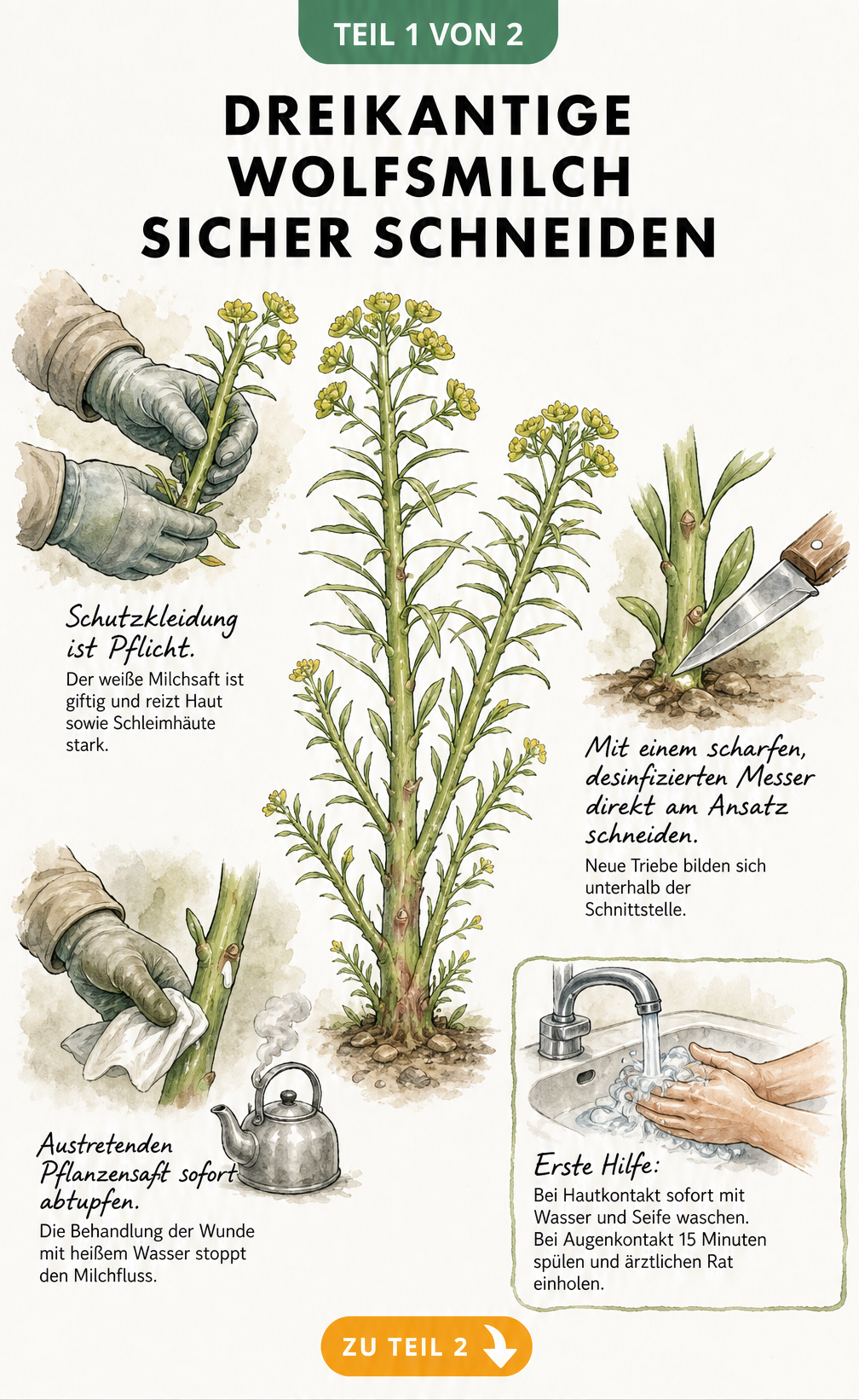 Botanische Illustration der Dreikantigen Wolfsmilch mit Details zum sicheren Schneiden, Schutzkleidung und Erster Hilfe