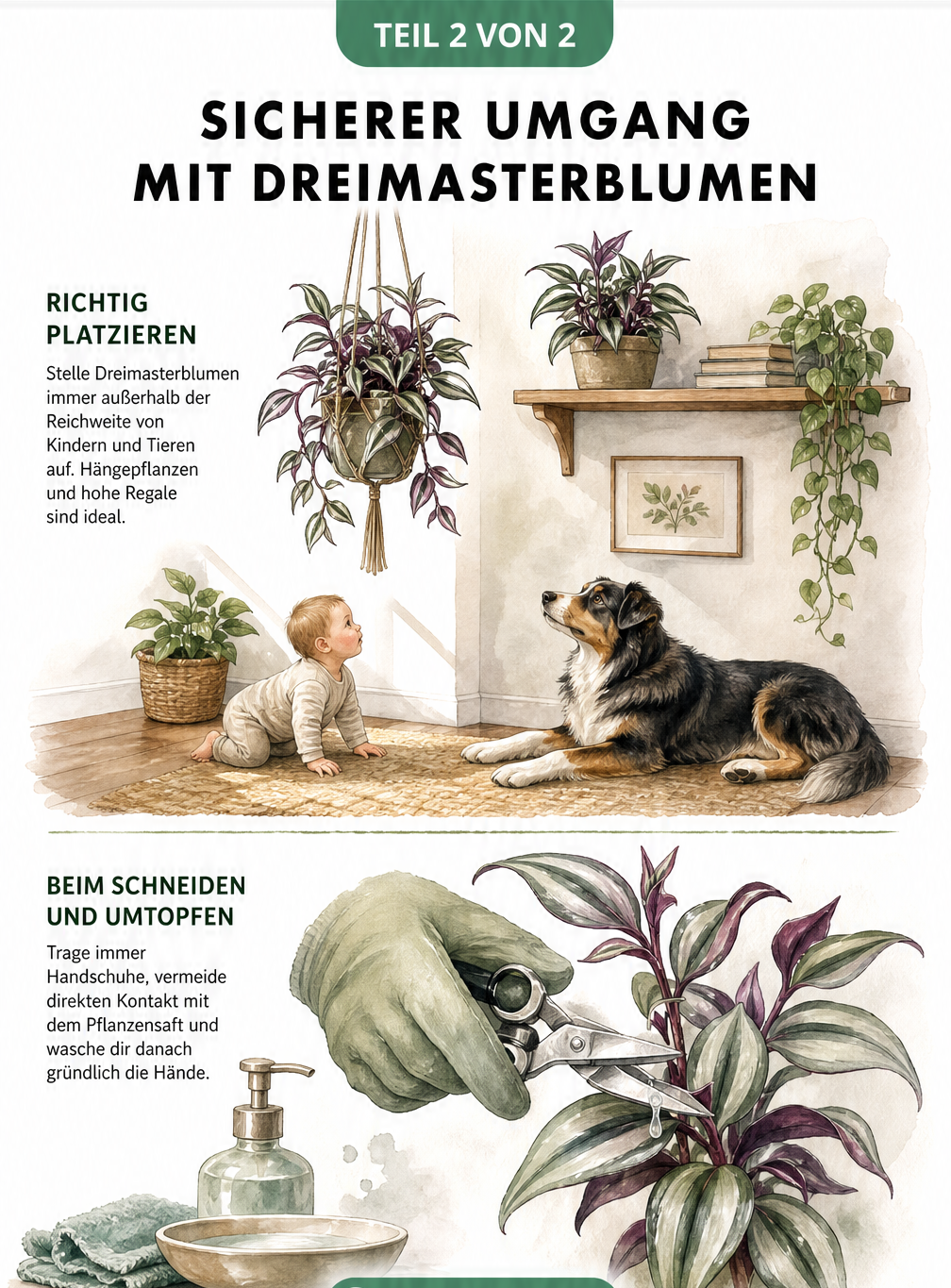 Illustration zum sicheren Umgang mit der Dreimasterblume: Pflanze außer Reichweite von Kindern und Haustieren platzieren und Handschuhe beim Schneiden tragen