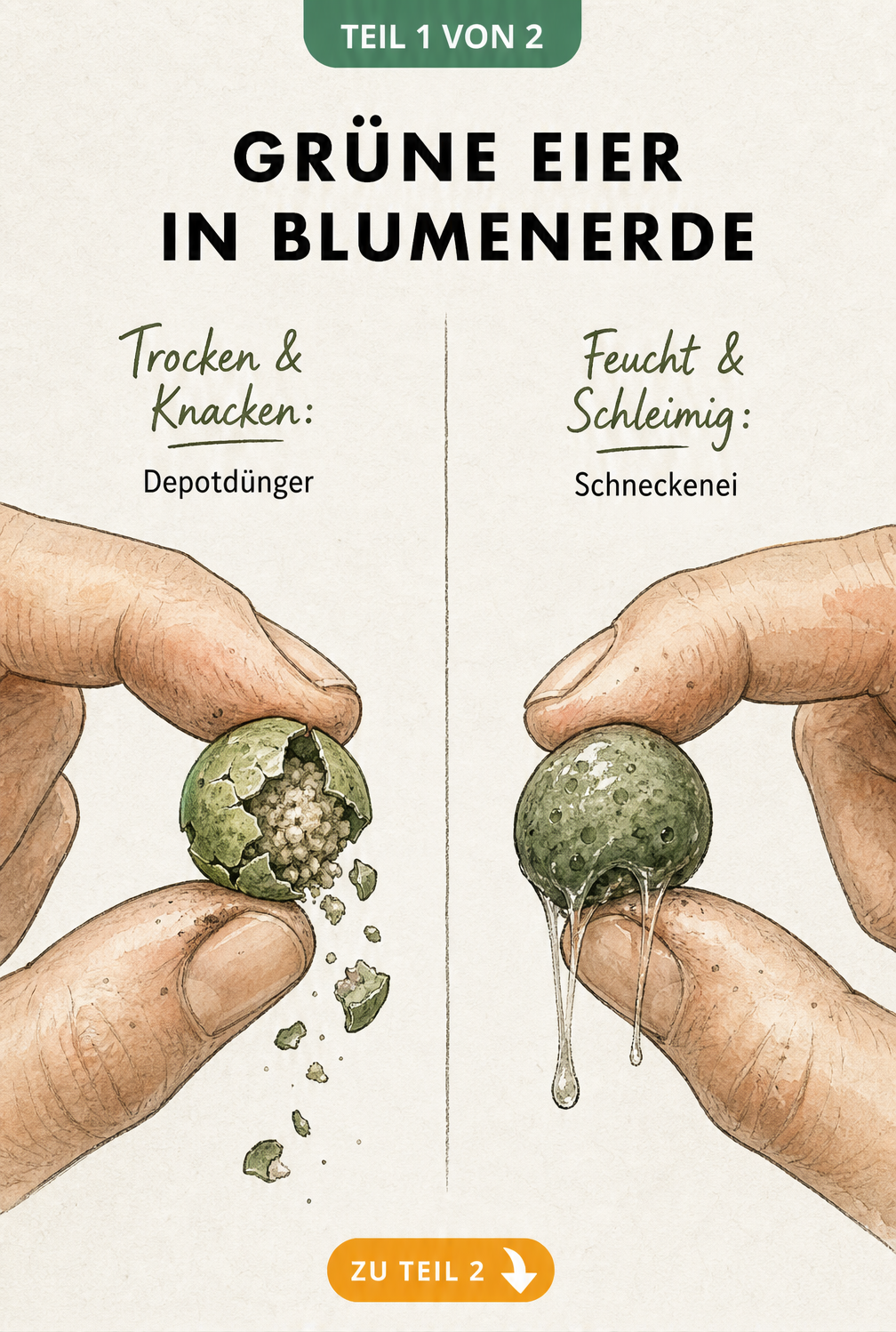 Illustration des Drucktests bei grünen Kügelchen in Blumenerde: Depotdünger knackt trocken auf, Schneckeneier sind weich und schleimig.