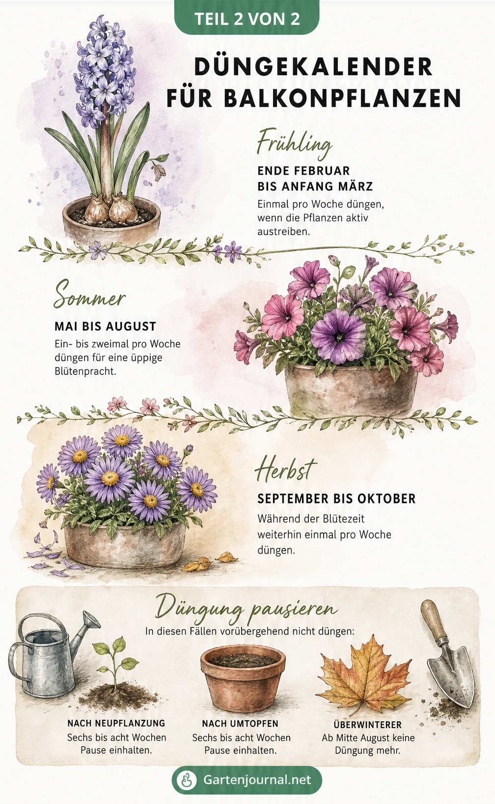 Düngekalender für Balkonpflanzen unterteilt in Frühling, Sommer und Herbst mit Düngepausen