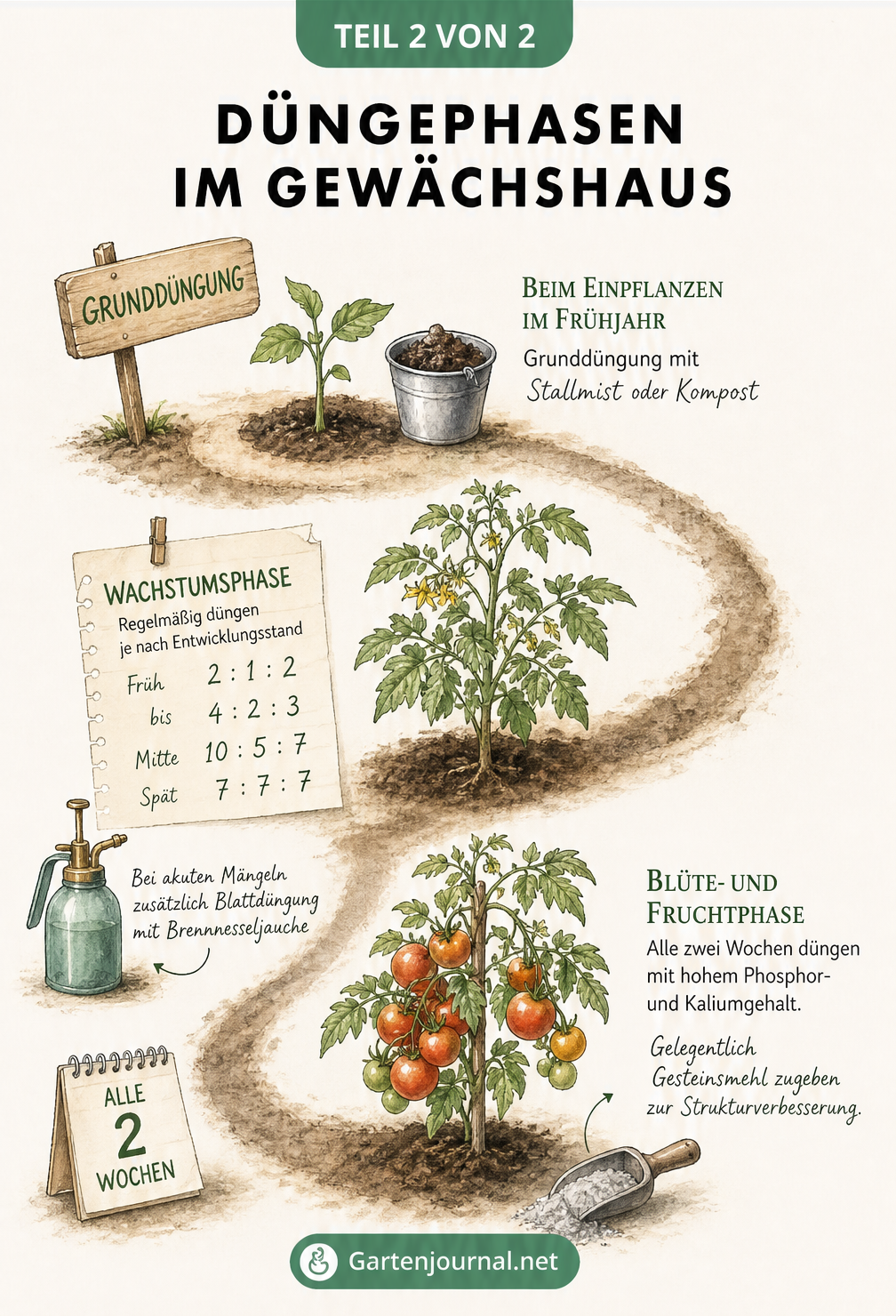 Illustration der Düngephasen einer Pflanze vom Setzling bis zur Ernte mit N-P-K-Mischverhältnissen