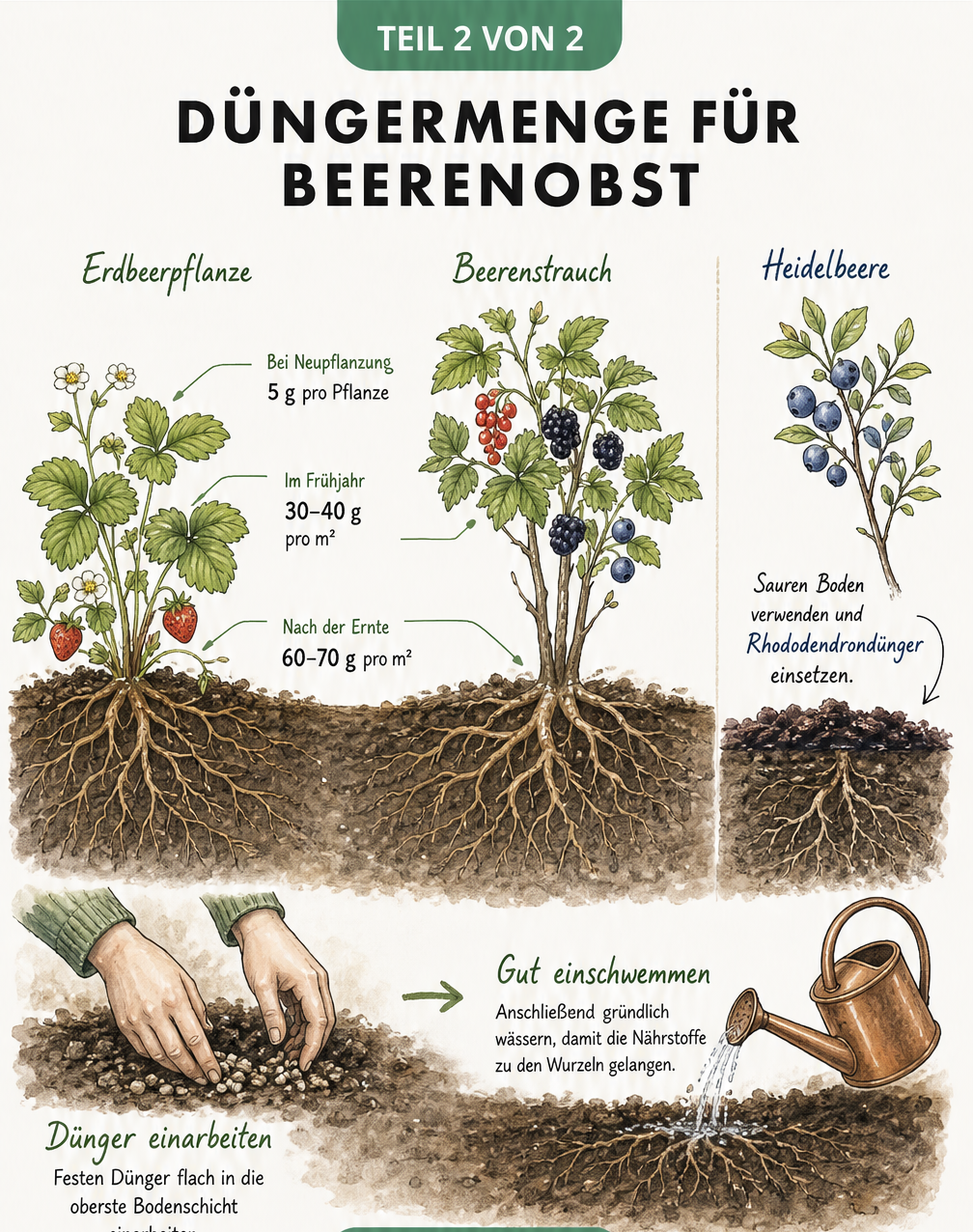 Botanische Illustration von Erdbeerpflanze und Beerenstrauch mit genauen Grammangaben zur Düngung