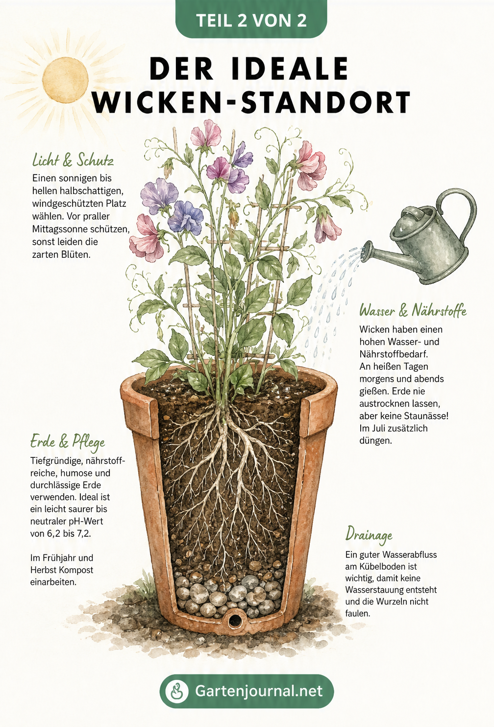 Botanische Zeichnung der Entwicklung einer Duft-Wicke von der Aussaat über das Ausbrechen der Spitzen bis zur Blüte