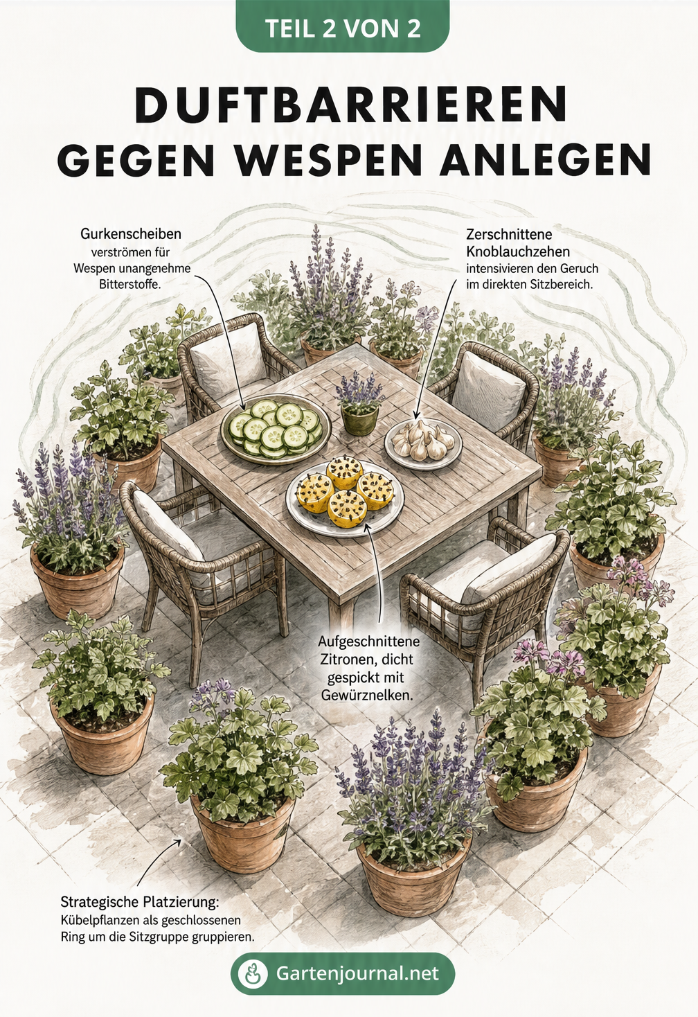 Isometrische Skizze eines Gartentisches mit Duftbarrieren gegen Wespen wie Gurken, Knoblauch und Zitronen