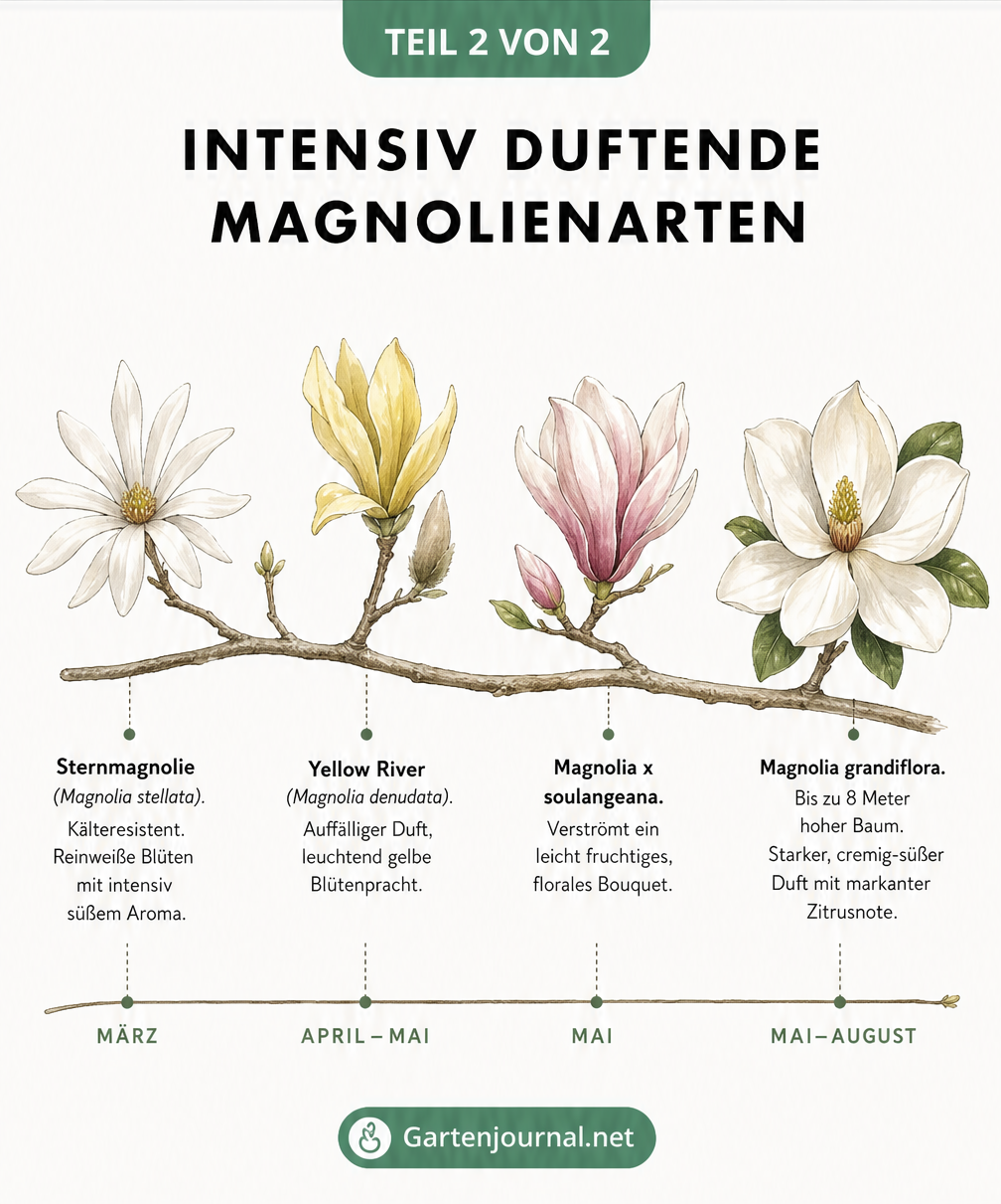 Zeitstrahl mit vier intensiv duftenden Magnolienarten und ihrer Blütezeit von März bis August