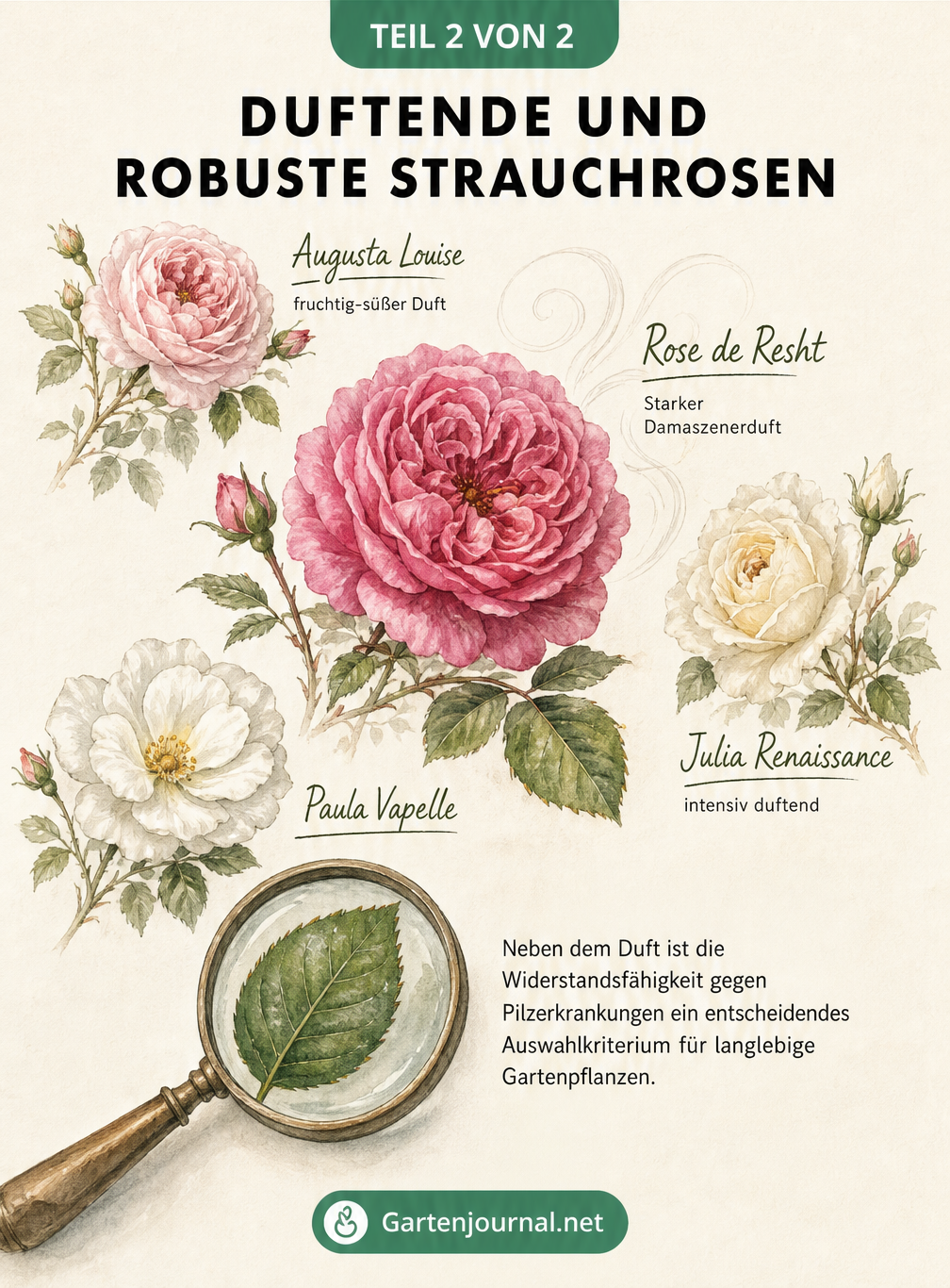 Botanische Illustration der duftenden Strauchrose Rose de Resht sowie weiterer robuster Sorten wie Augusta Louise