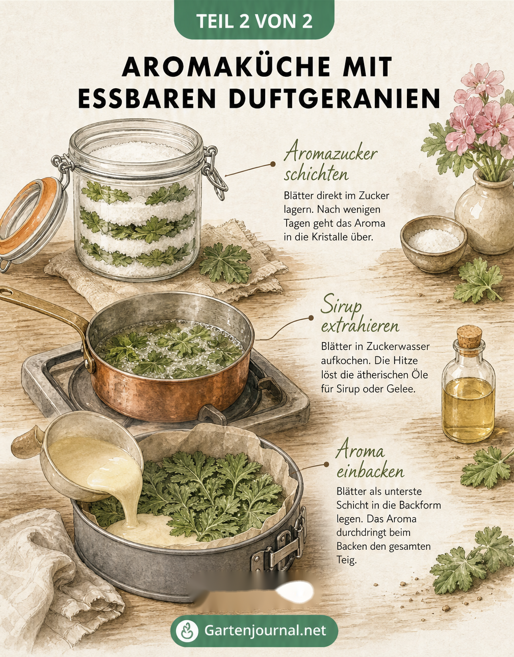 Illustration von drei Methoden zur Aroma-Extraktion aus Duftgeranien: Aromazucker schichten, Sirup extrahieren und Aroma einbacken