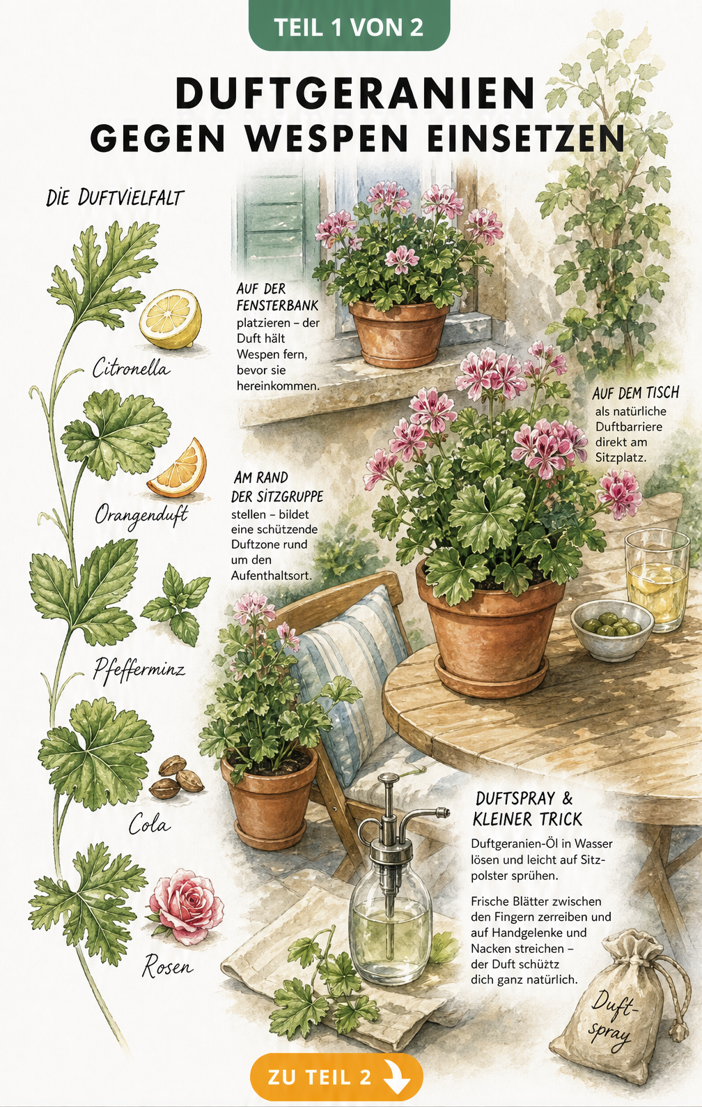 Aquarell-Illustration einer Terrasse mit Duftgeranien in Terrakotta-Töpfen zur Wespenabwehr, inklusive botanischer Darstellung verschiedener Duftnoten und...