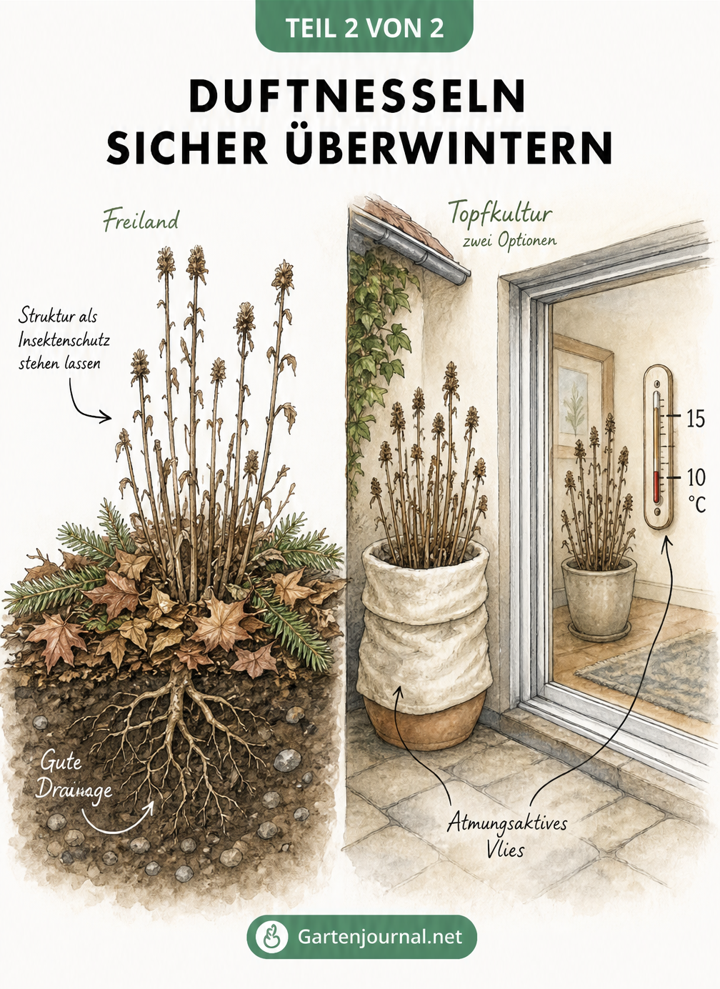 Skizze zur Überwinterung von Duftnesseln im Freiland mit Laubabdeckung und in der Topfkultur mit Vlies