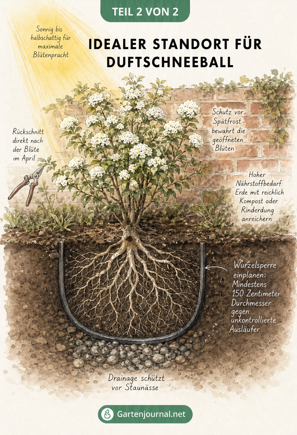 Querschnitt eines Gartenbeets mit Duftschneeball vor einer Backsteinmauer, inklusive Wurzelsperre und Drainage