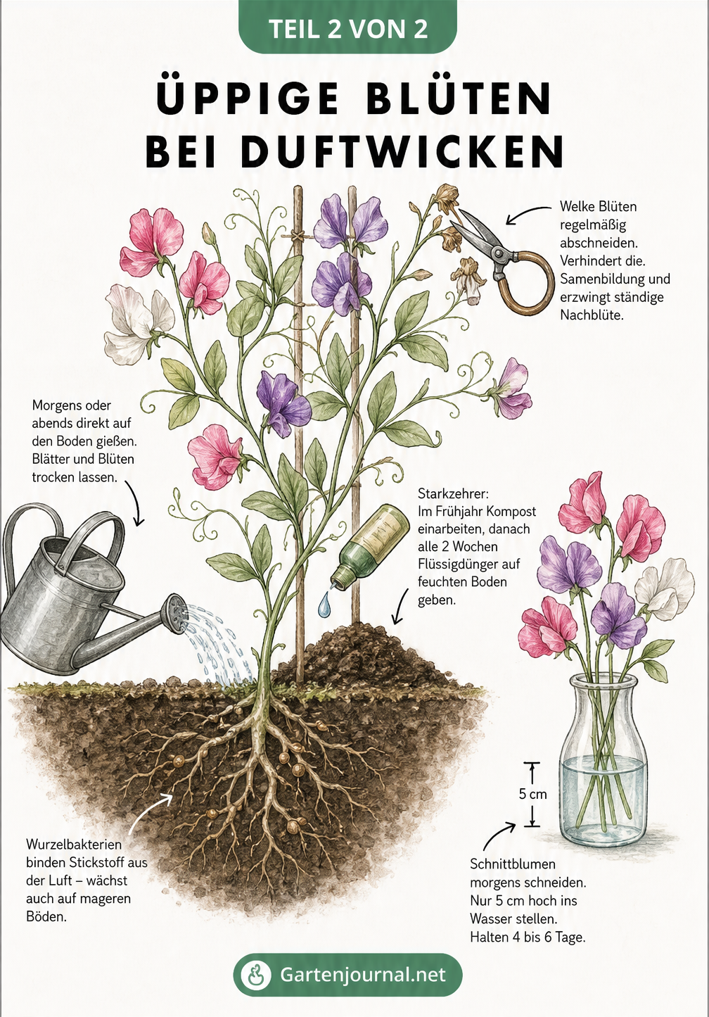 Blühende Duftwicke am Spalier mit Gießkanne, Dünger und Gartenschere