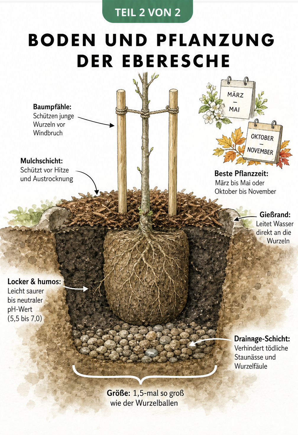 Schnittzeichnung des Bodens mit einer frisch gepflanzten Eberesche, Drainage-Schicht und Baumpfählen