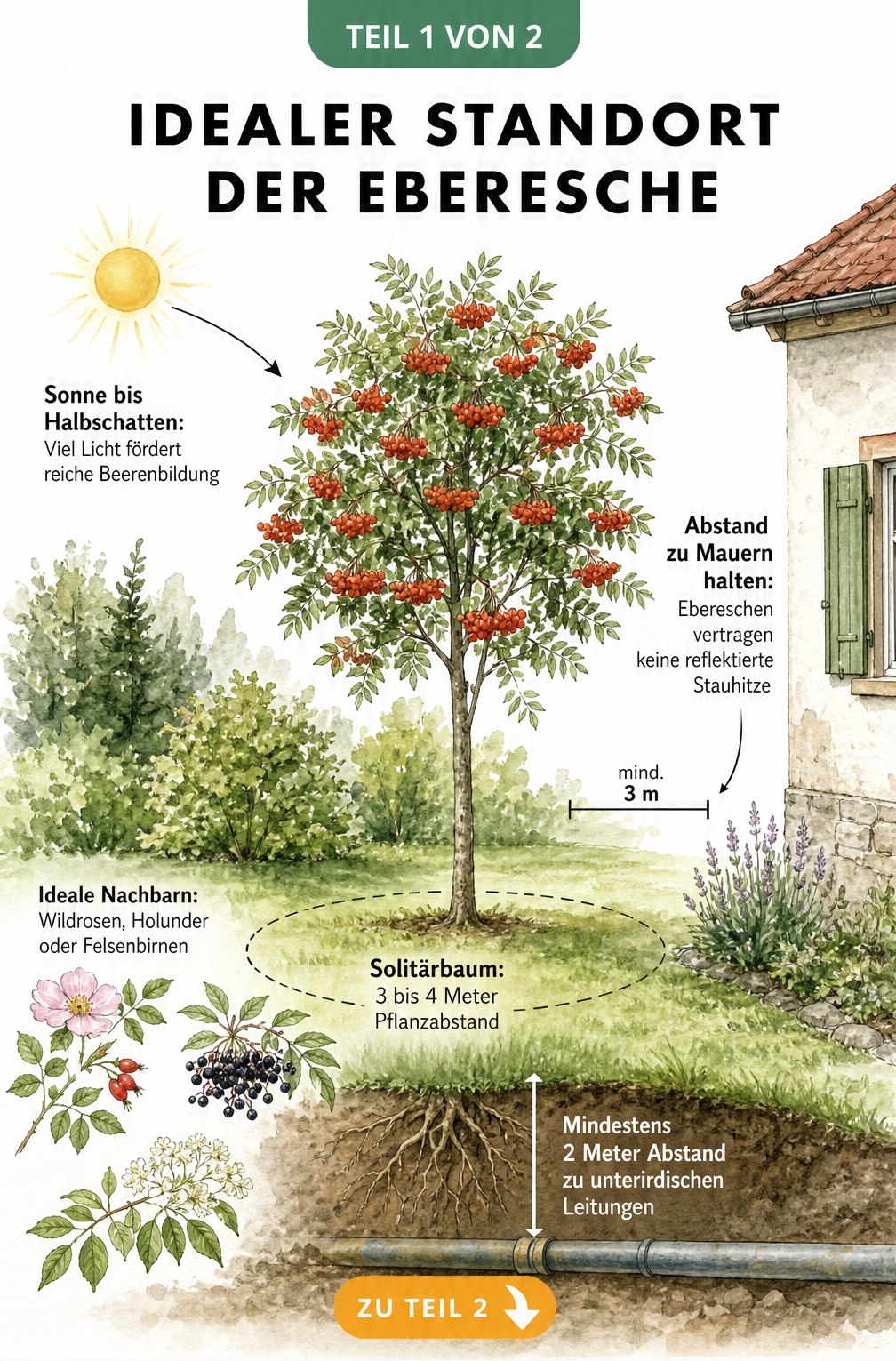 Illustration einer Eberesche im Garten mit Hinweisen zu Lichtbedarf, Pflanzabstand und idealen Nachbarpflanzen