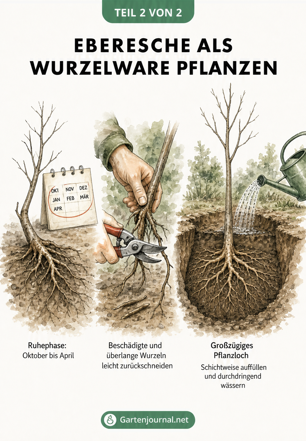 Illustration in drei Schritten zur Pflanzung einer wurzelnackten Eberesche: Ruhephase, Wurzelschnitt und Einsetzen ins Pflanzloch