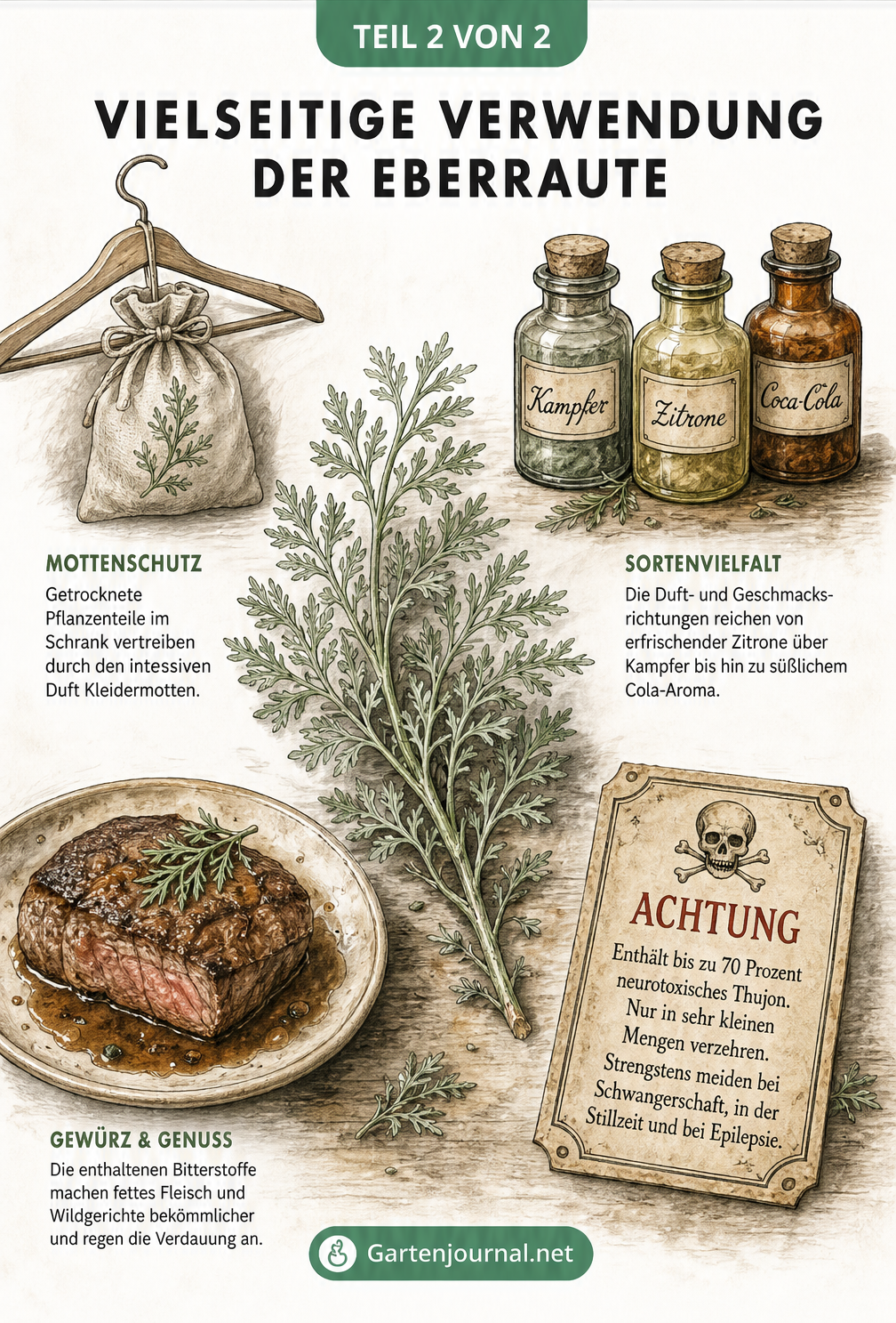 Illustration eines Eberrauten-Zweigs mit Stoffsäckchen, Apothekerfläschchen, Teller mit Braten und Warnschild