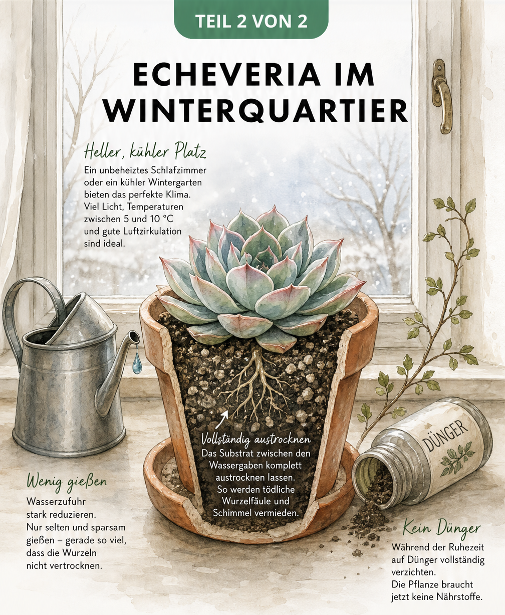 Querschnitt eines Blumentopfs mit einer Echeveria am Fenster, der trockenes Substrat und reduzierte Wassergaben im Winter zeigt