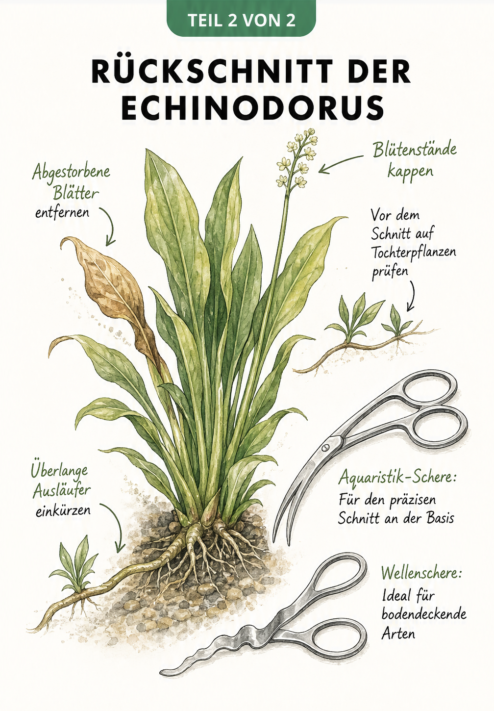 Aquarell-Zeichnung einer Echinodorus, die markiert, welche Teile wie abgestorbene Blätter, überlange Ausläufer und Blütenstände geschnitten werden sollten,...